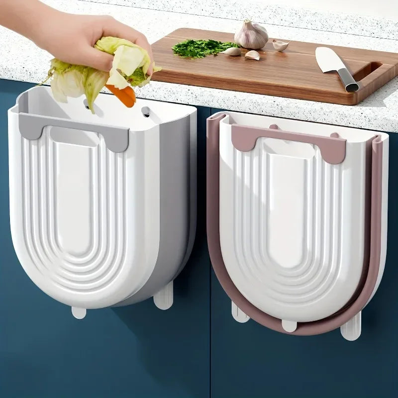 🗑️ Lixeira Dobrável Suspensa para Cozinha e Banheiro – Fixação em Armário ou Parede