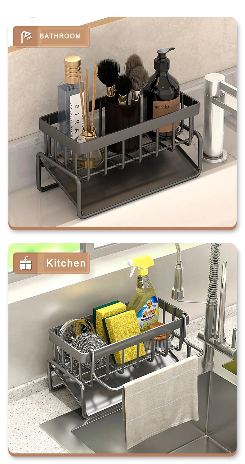 🧽 Rack Multifuncional de Aço Inoxidável para Pia – Organizador e Drenagem de Cozinha